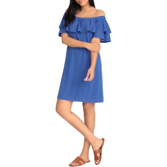 London Times - Off-The-Shoulder Ruffle Shift Dress Size LP - Picture 2 of 7